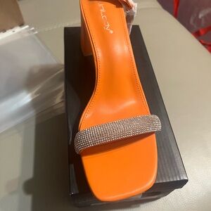 Milano Orange Rhinestone Strap Block Heel Sandal